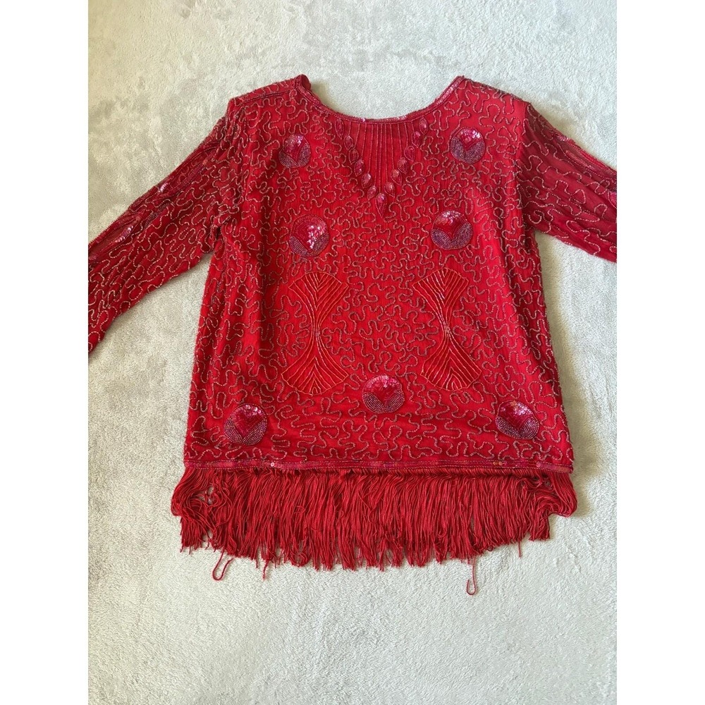 Vintage Tan Chho Womens L Sequin Beaded Fringe Shoulder Pads Back Cut Out Blouse